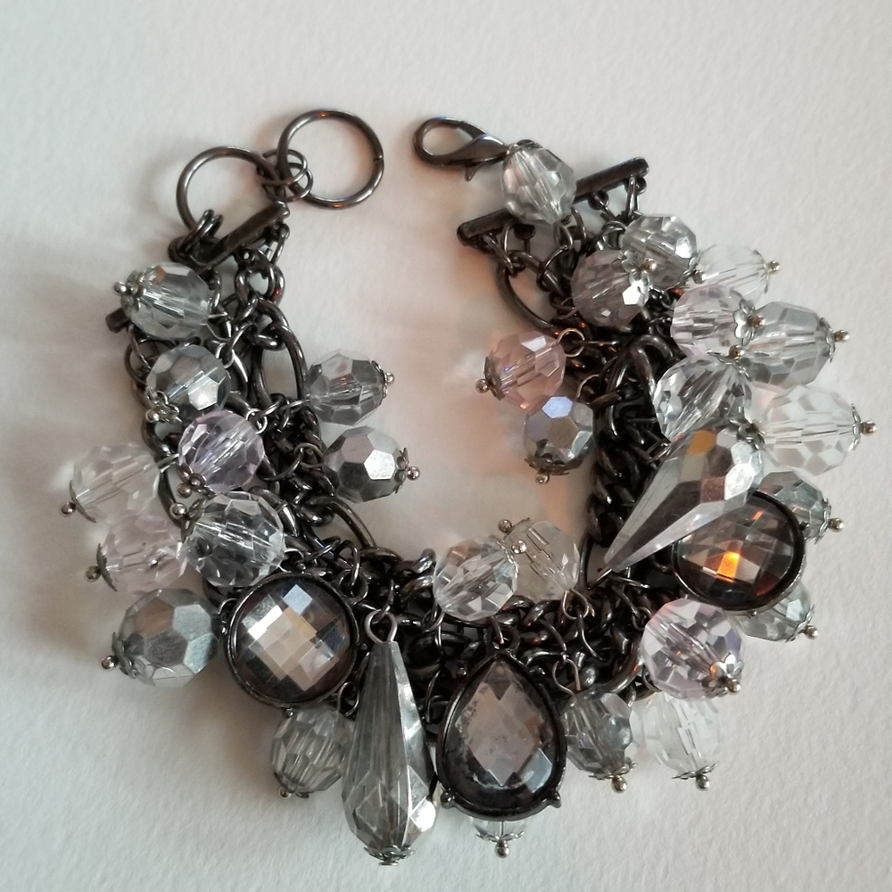 Charm bracelet crystals dark silver tone metal